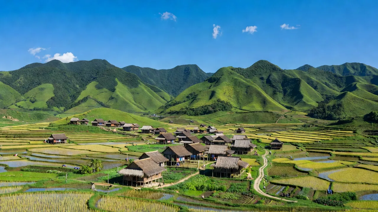 Cảnh đẹp huyện Điện Biên Đông, tỉnh Điện Biên với núi xanh, trời trong và nét văn hóa địa phương.