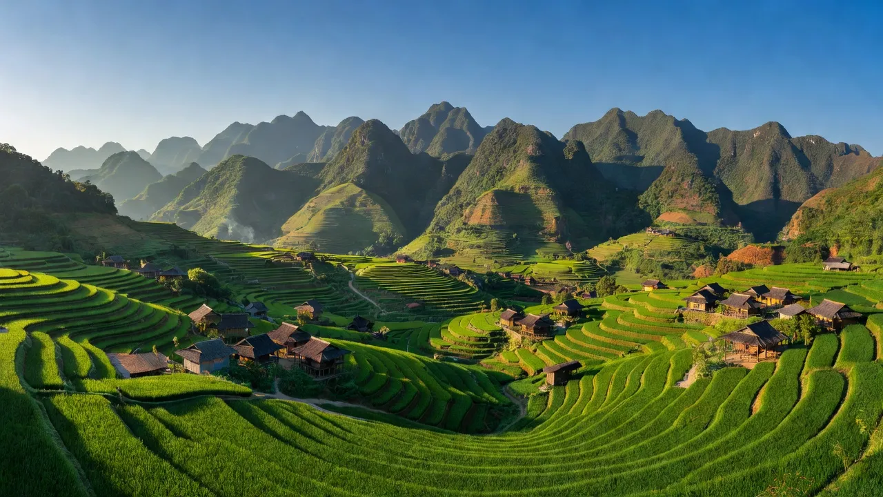 Khung cảnh huyện Điện Biên Đông với núi non, ruộng bậc thang, và làng truyền thống hấp dẫn