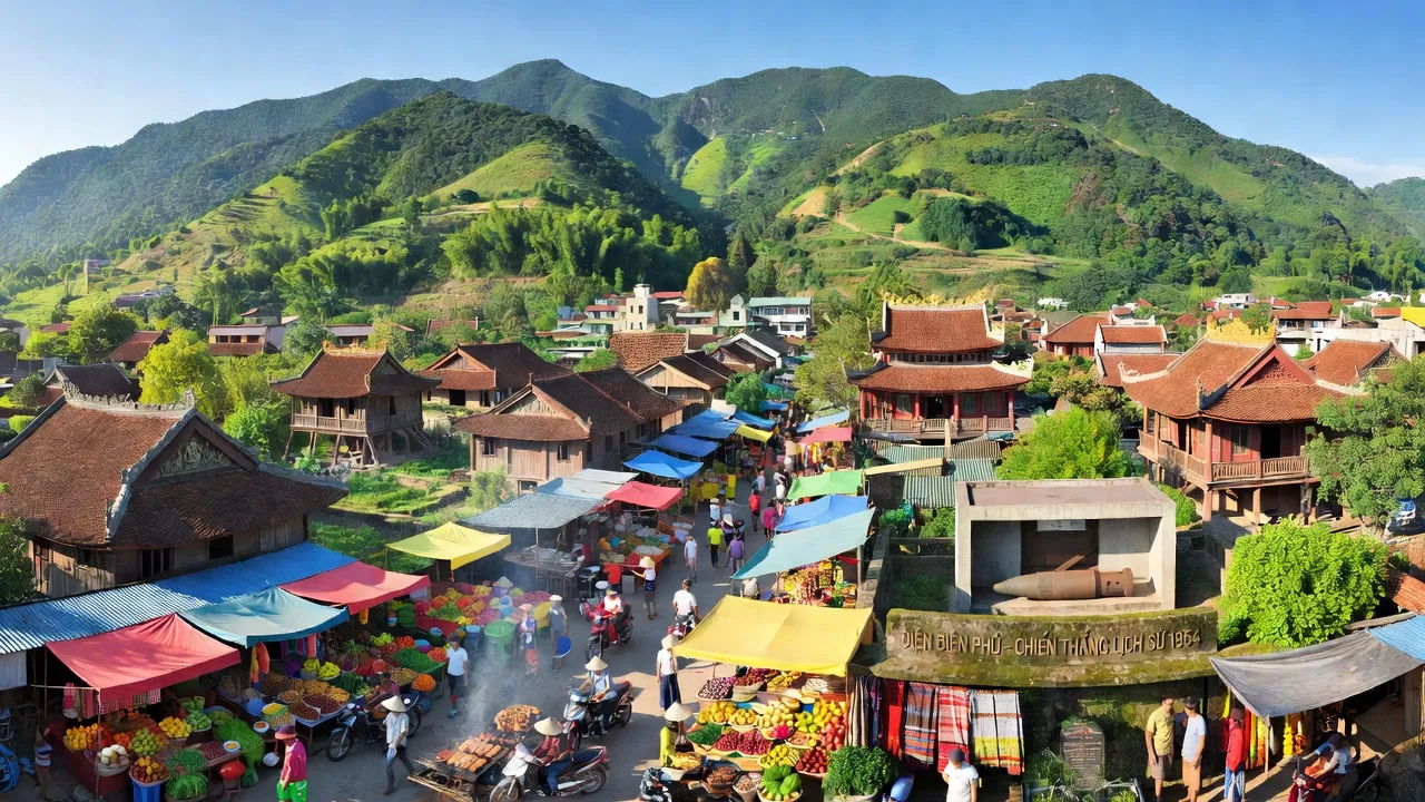 Thành phố Điện Biên Phủ với phong cảnh núi xanh, kiến trúc truyền thống và chợ địa phương nhộn nhịp.