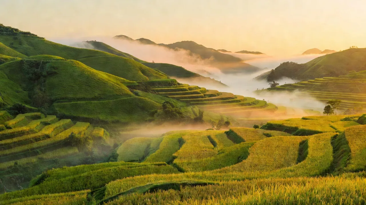 Cảnh đẹp xã Hua Thanh, Điện Biên với đồi núi xanh, cánh đồng lúa và sương mù bình minh.