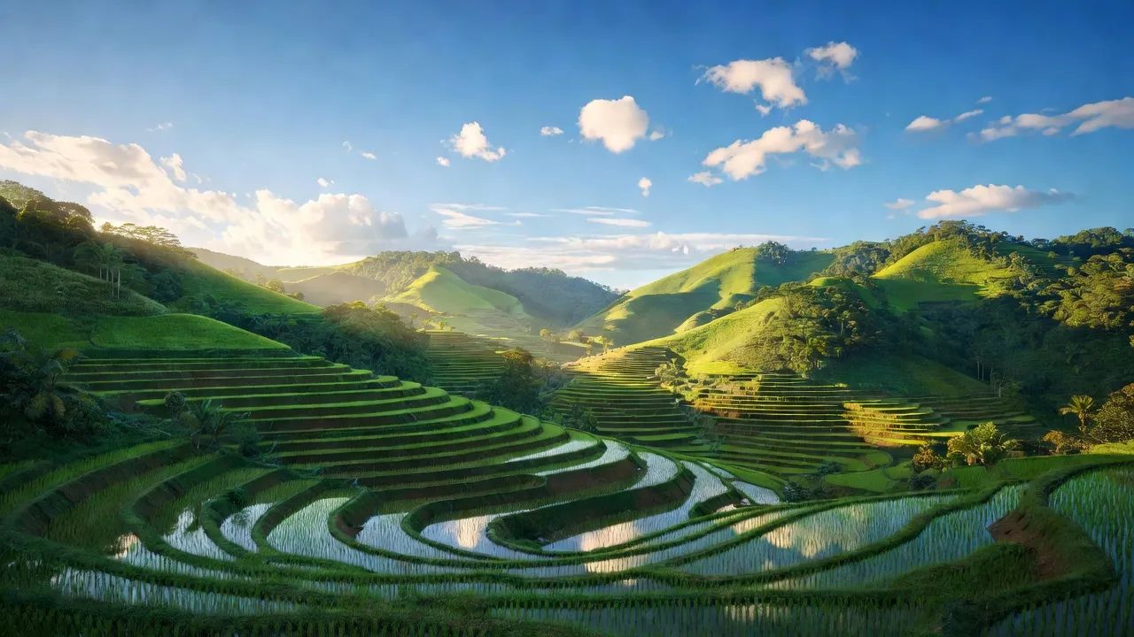 Xã Hua Thanh, Điện Biên với đồi núi xanh tươi và ruộng bậc thang, thời tiết đẹp, cảnh quan thiên nhiên.