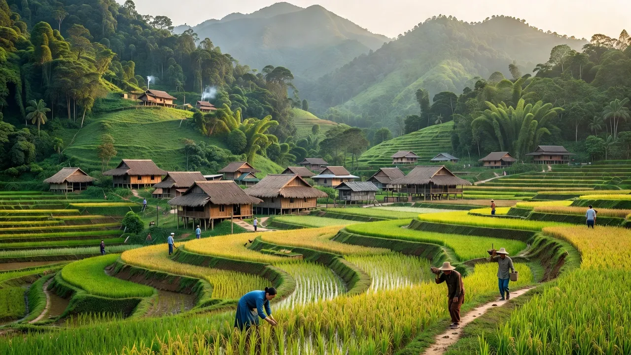 Cảnh đẹp xã Mường Lói, Điện Biên, núi non xanh tươi và nhà truyền thống Việt Nam.