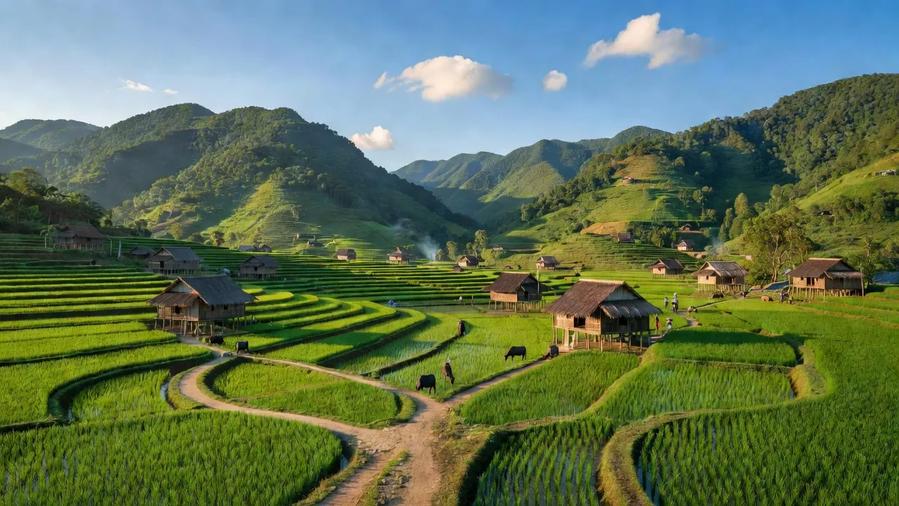 Cảnh đẹp xã Na Tông, huyện Điện Biên, với núi non xanh tươi và ruộng bậc thang.