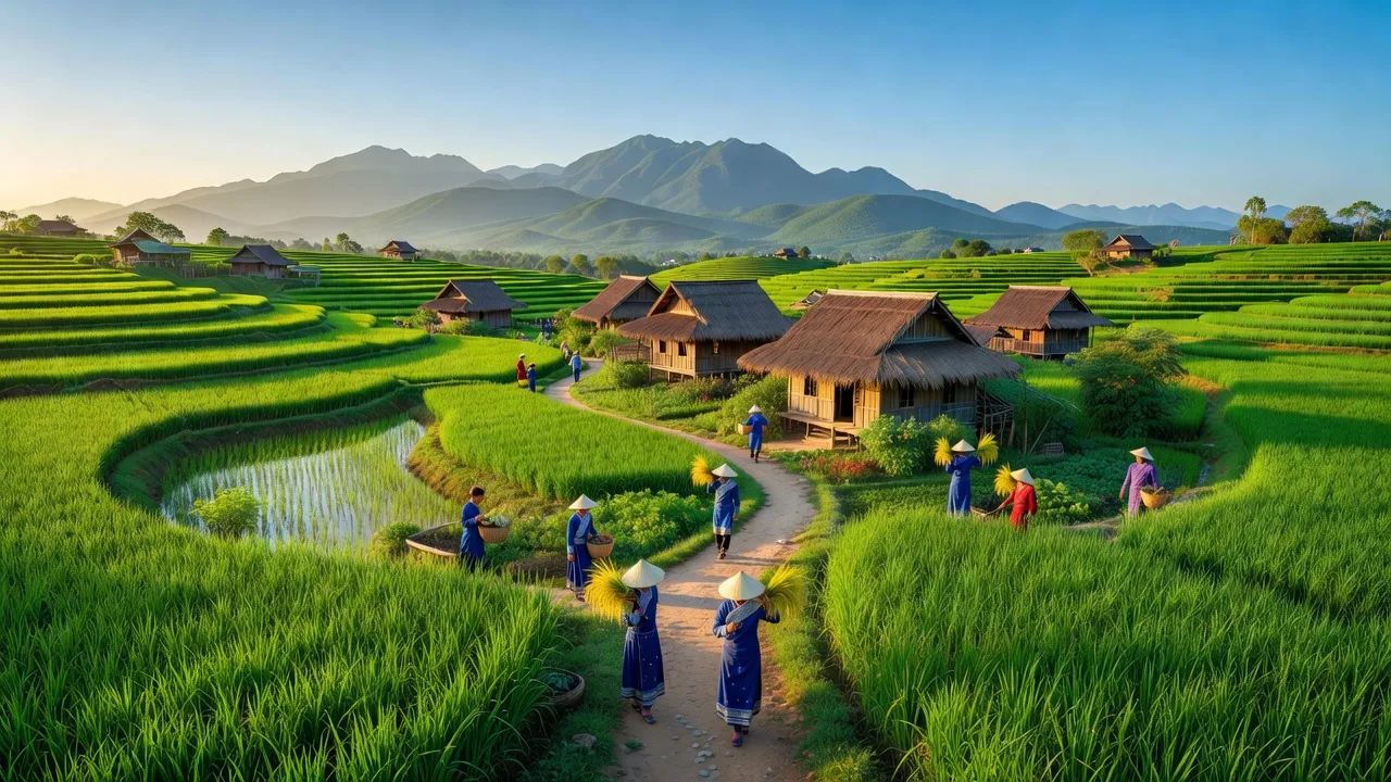 Cảnh quan xã Na Tông, huyện Điện Biên với cánh đồng xanh và núi non hùng vĩ.