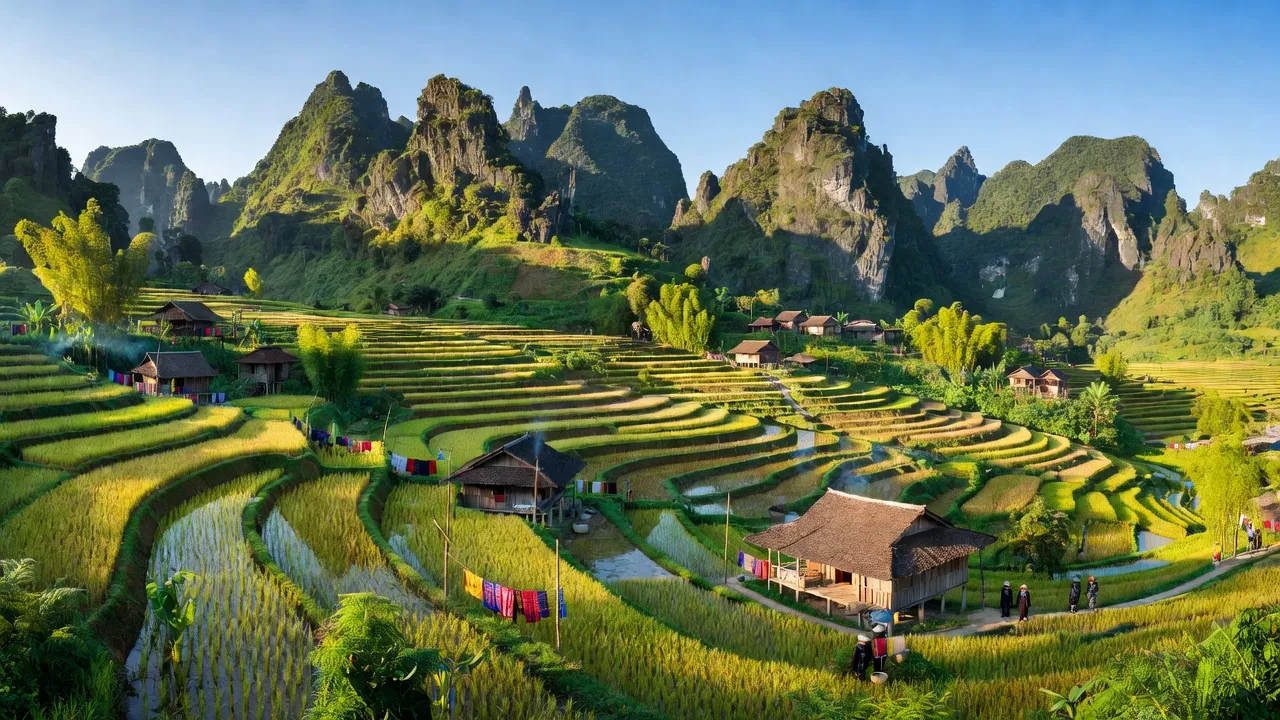 Cảnh quan huyện Mường Ảng, Điện Biên với núi non, ruộng bậc thang và cuộc sống địa phương.