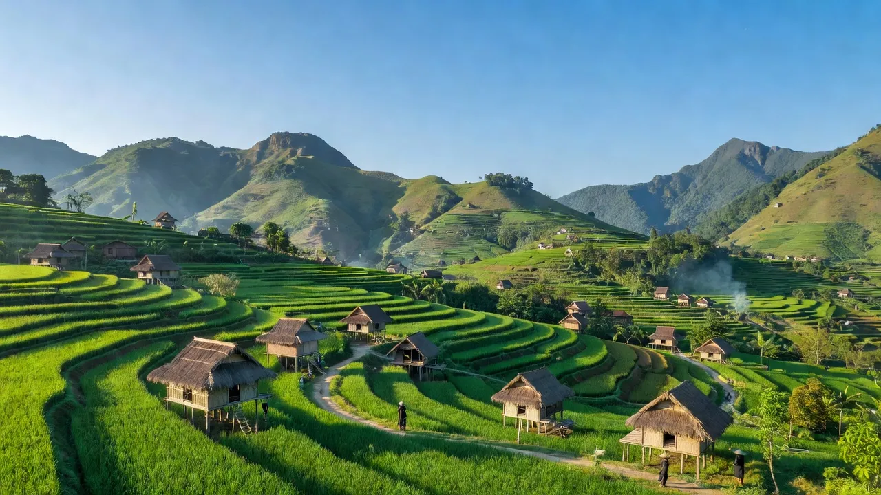 Cảnh quan Mường Ảng, Điện Biên với đồi núi xanh, nhà truyền thống và vẻ đẹp tự nhiên.