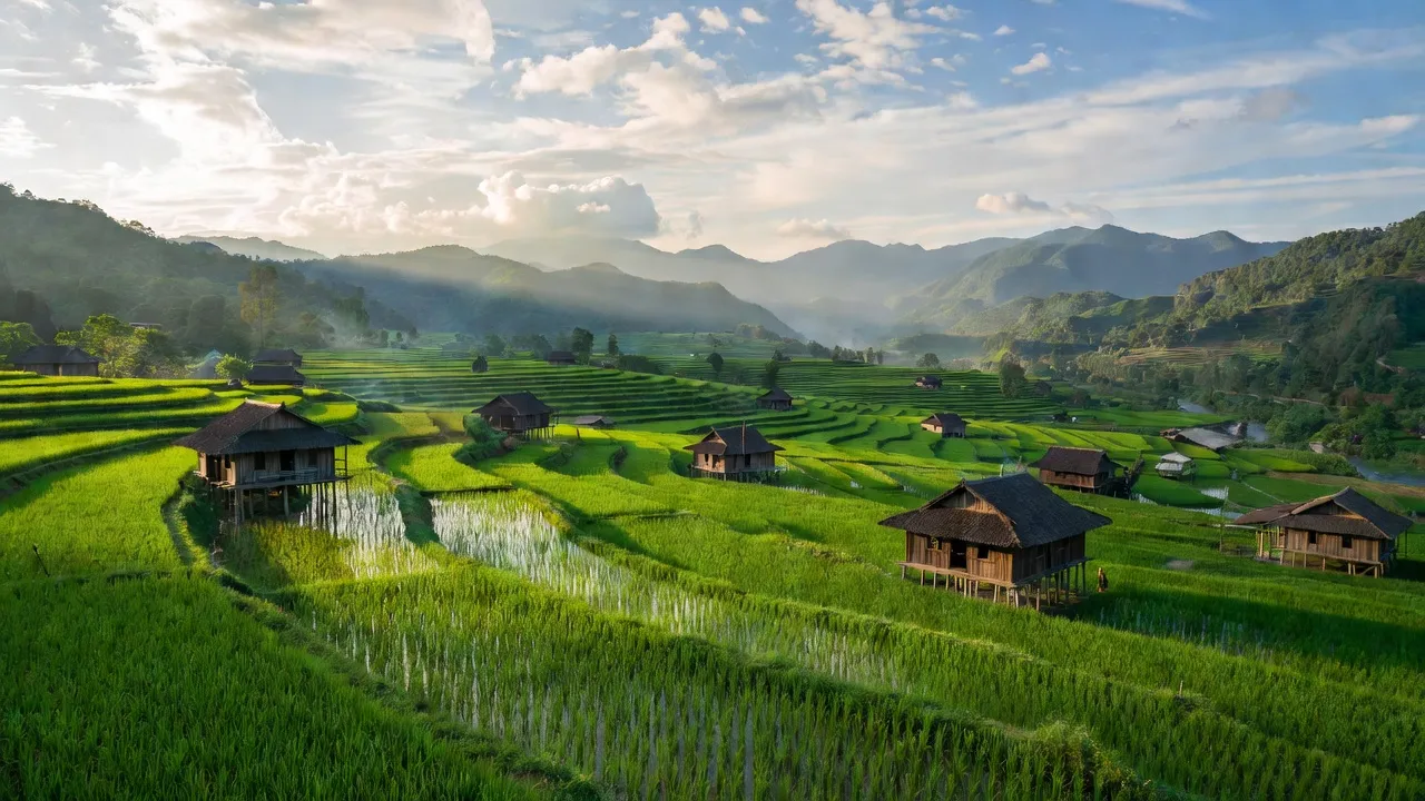 Huyện Mường Chà, Điện Biên với cánh đồng xanh mướt và núi xa xôi, thể hiện vẻ đẹp văn hóa và thiên nhiên.