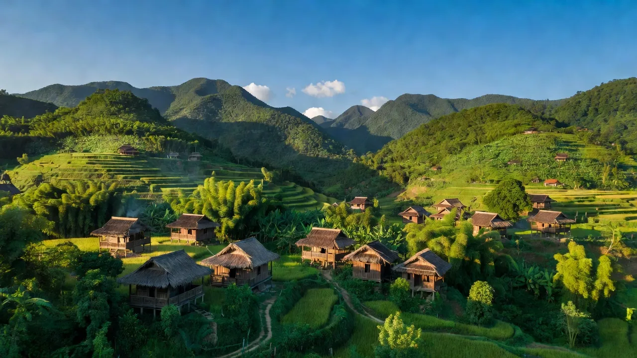 Khung cảnh huyện Mường Chà, tỉnh Điện Biên với núi xanh và nhà gỗ truyền thống.
