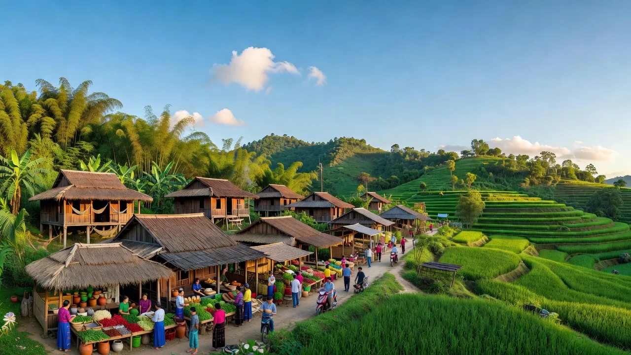 Khung cảnh đẹp của Thị Xã Mường Lay, tỉnh Điện Biên với núi xanh và nhà gỗ truyền thống.