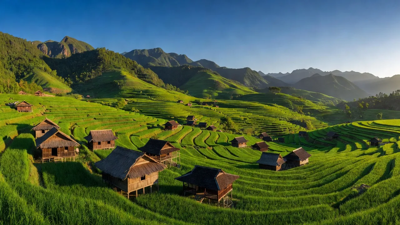 Cảnh quan tuyệt đẹp huyện Mường Nhé, Điện Biên với núi rừng xanh tươi và nhà sàn truyền thống.