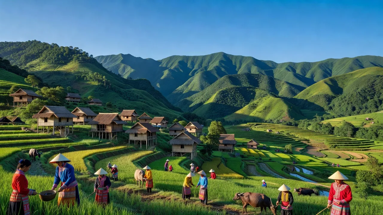 Khung cảnh đẹp của huyện Mường Nhé, tỉnh Điện Biên với núi xanh và nhà sàn truyền thống.
