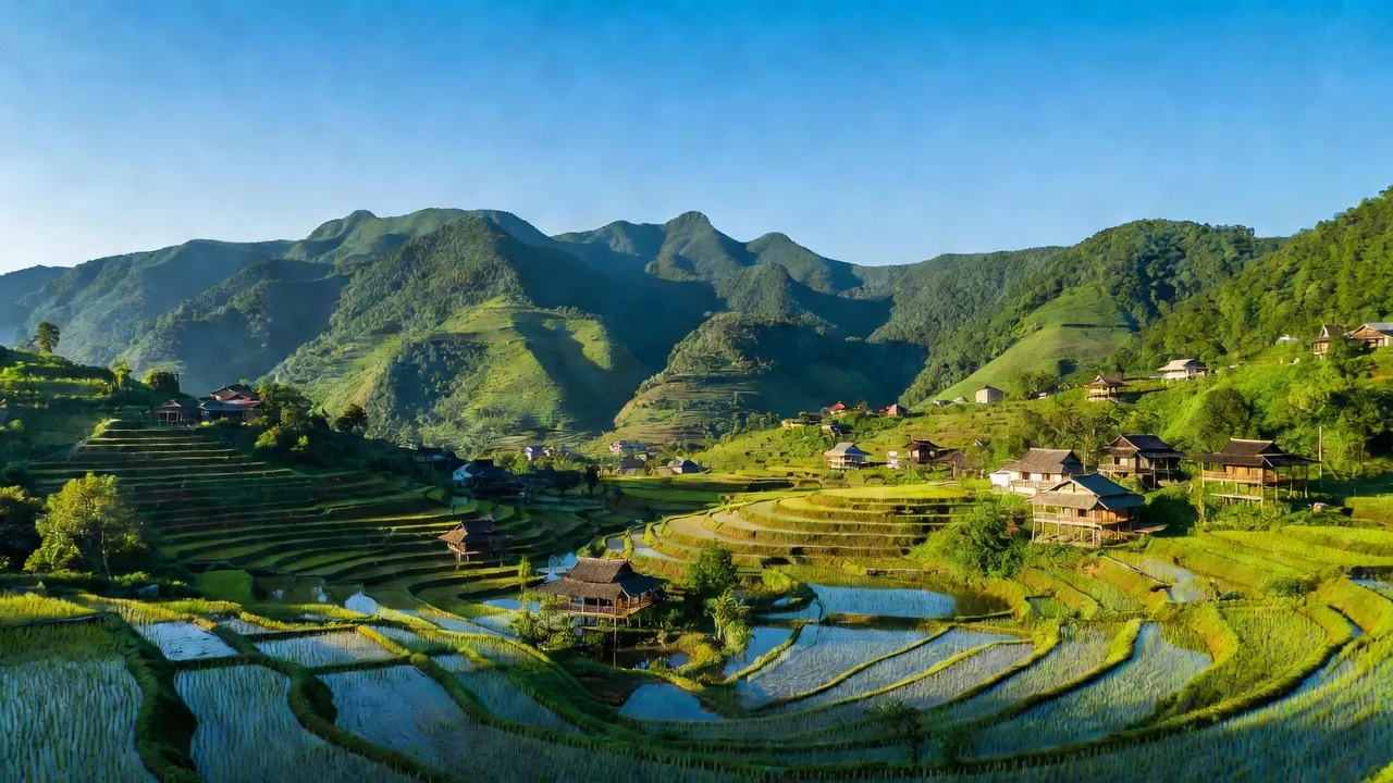 Cảnh đẹp huyện Nậm Pồ, tỉnh Điện Biên với núi xanh, ruộng bậc thang và nhà truyền thống.