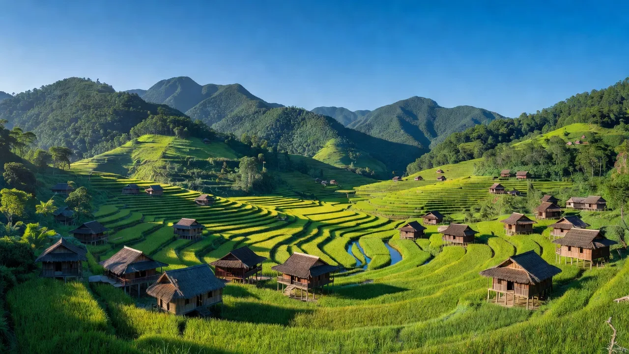Khung cảnh thơ mộng huyện Nậm Pồ, Điện Biên với núi đồi xanh tươi và nhà sàn truyền thống.