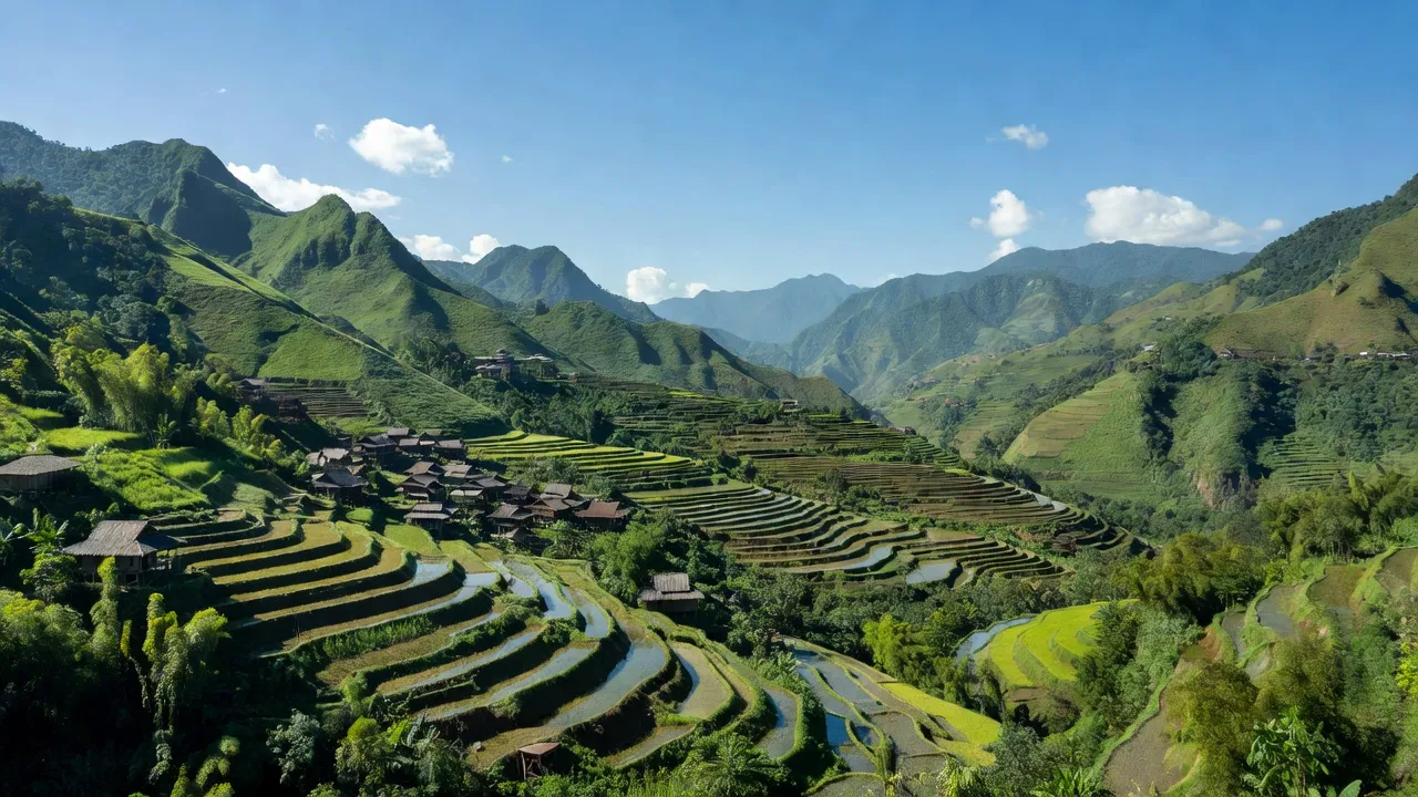 Khung cảnh Huyện Tủa Chùa, tỉnh Điện Biên với đồi núi, ruộng bậc thang, và nhà truyền thống.