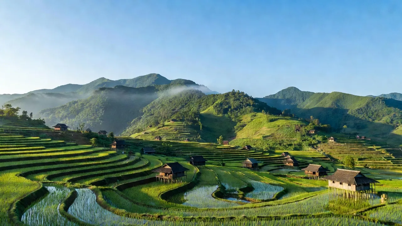 Khung cảnh huyện Tuần Giáo, tỉnh Điện Biên với núi non xanh tươi và ruộng bậc thang.