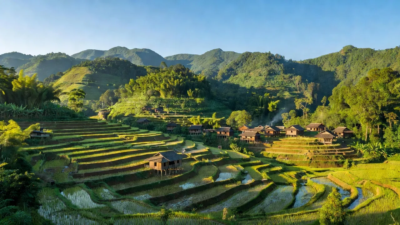 Toàn cảnh huyện Tuần Giáo, Điện Biên với đồi núi xanh, ruộng bậc thang và nhà sàn truyền thống.