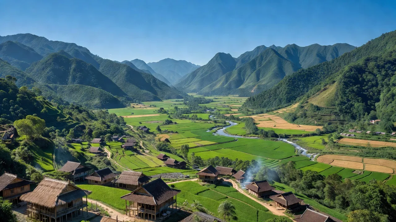 Cảnh quan núi non tỉnh Điện Biên với thung lũng Mường Thanh và trời xanh rõ rệt.