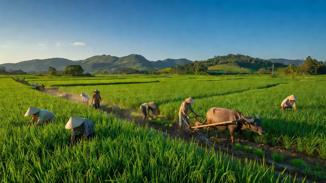 Cảnh đẹp thiên nhiên huyện Cẩm Mỹ, Đồng Nai với cánh đồng xanh và hoạt động nông nghiệp.