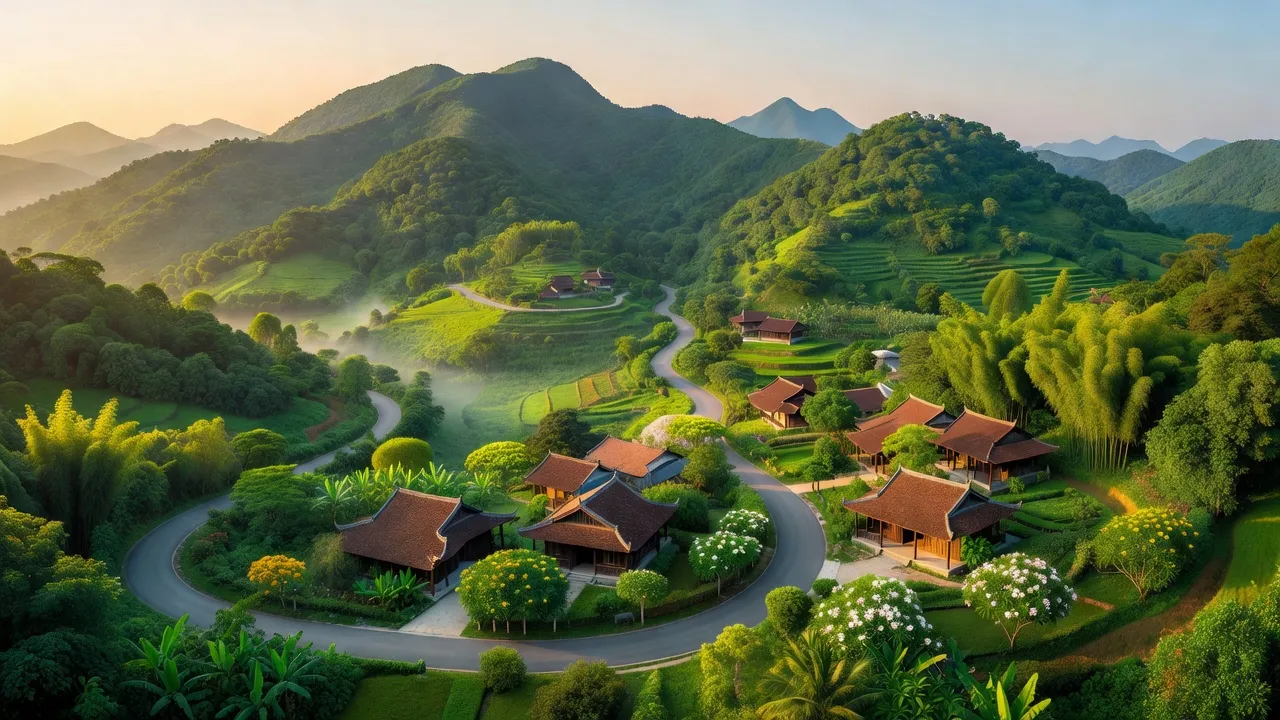 Khung cảnh Huyện Định Quán, Đồng Nai với núi non xanh tươi và nhà truyền thống, thu hút du khách.
