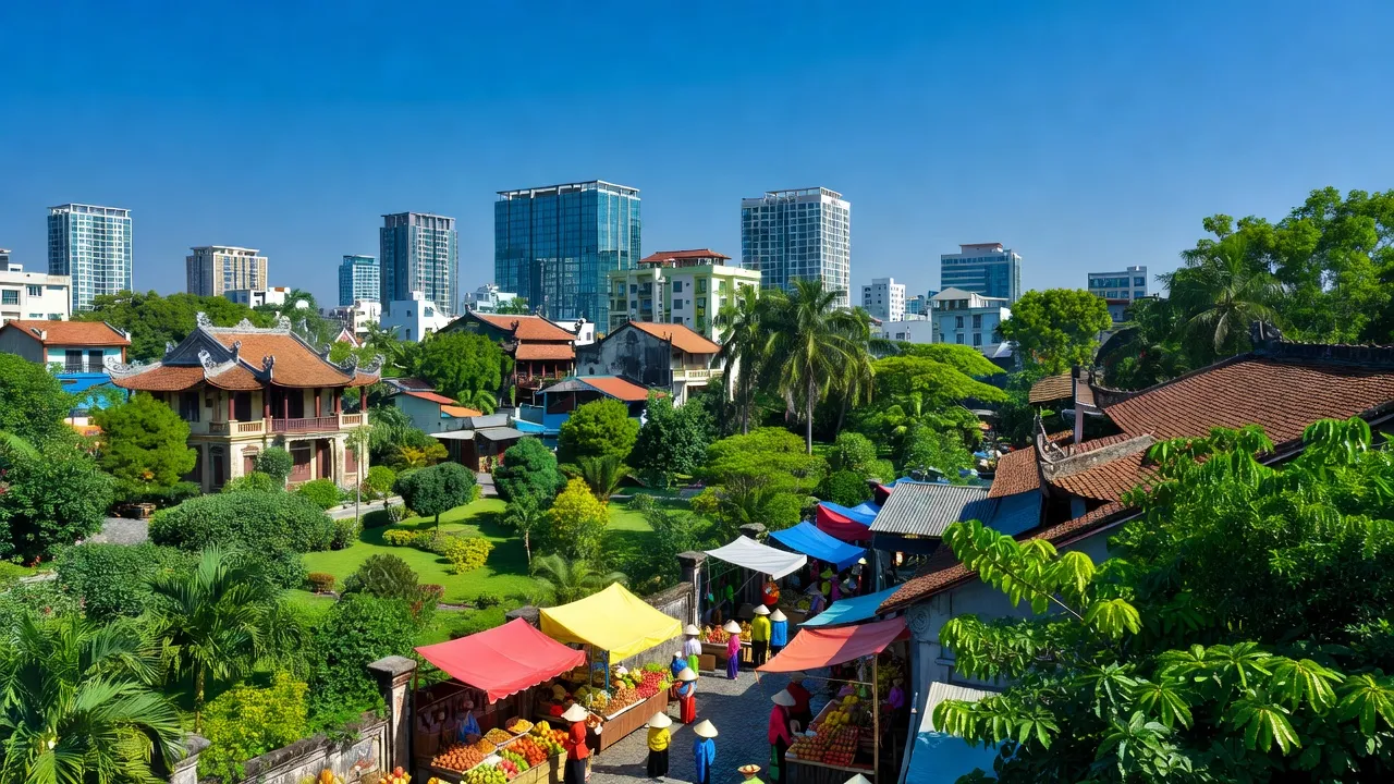 Thành phố Long Khánh, Đồng Nai với kiến trúc hiện đại, cây xanh và bầu trời trong xanh.