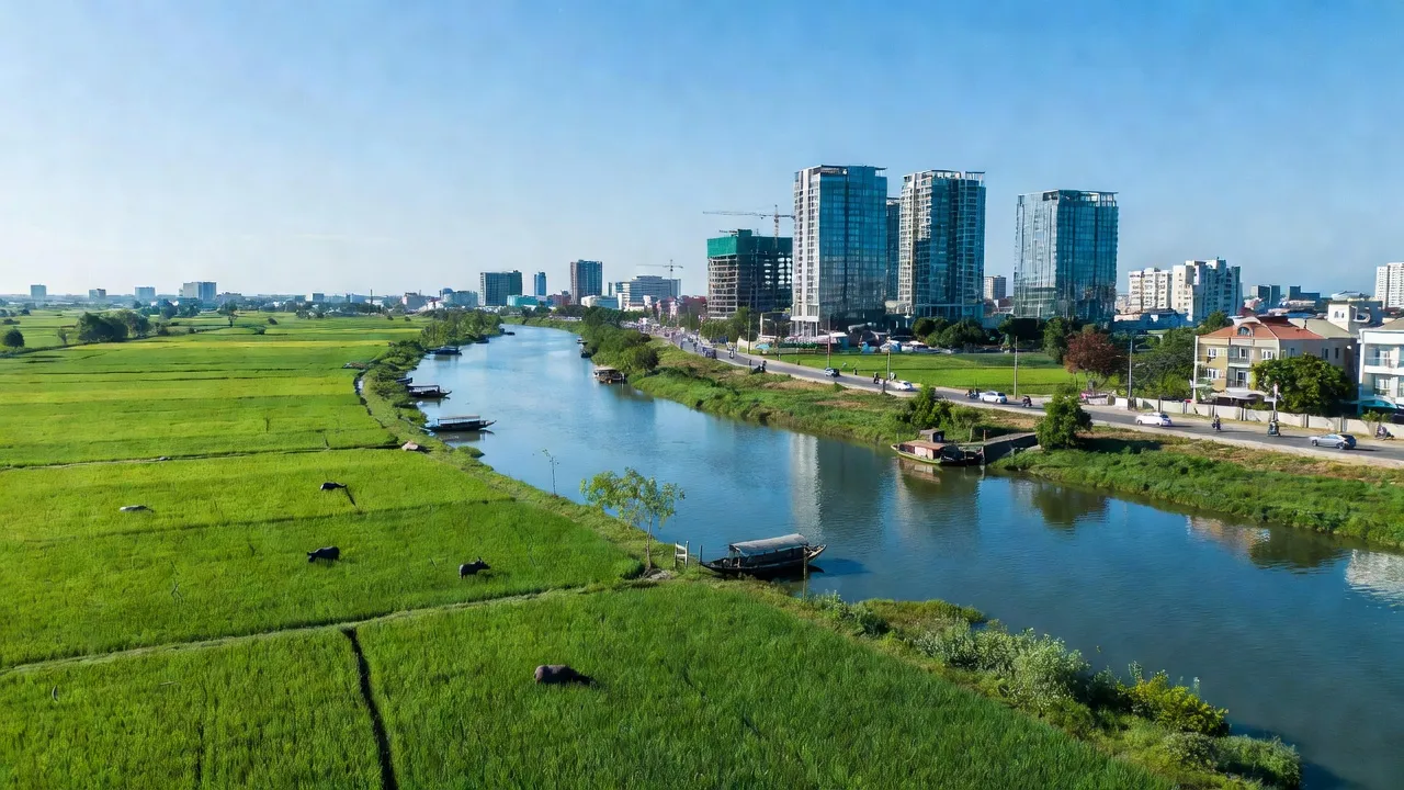 Cảnh quan huyện Nhơn Trạch, tỉnh Đồng Nai với sông Đồng Nai và sự phát triển đô thị.