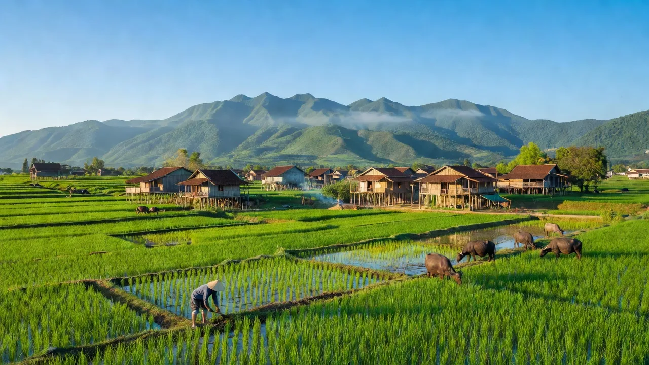 Khung cảnh huyện Tân Phú, Đồng Nai với núi xanh, cánh đồng lúa và làng quê yên bình.