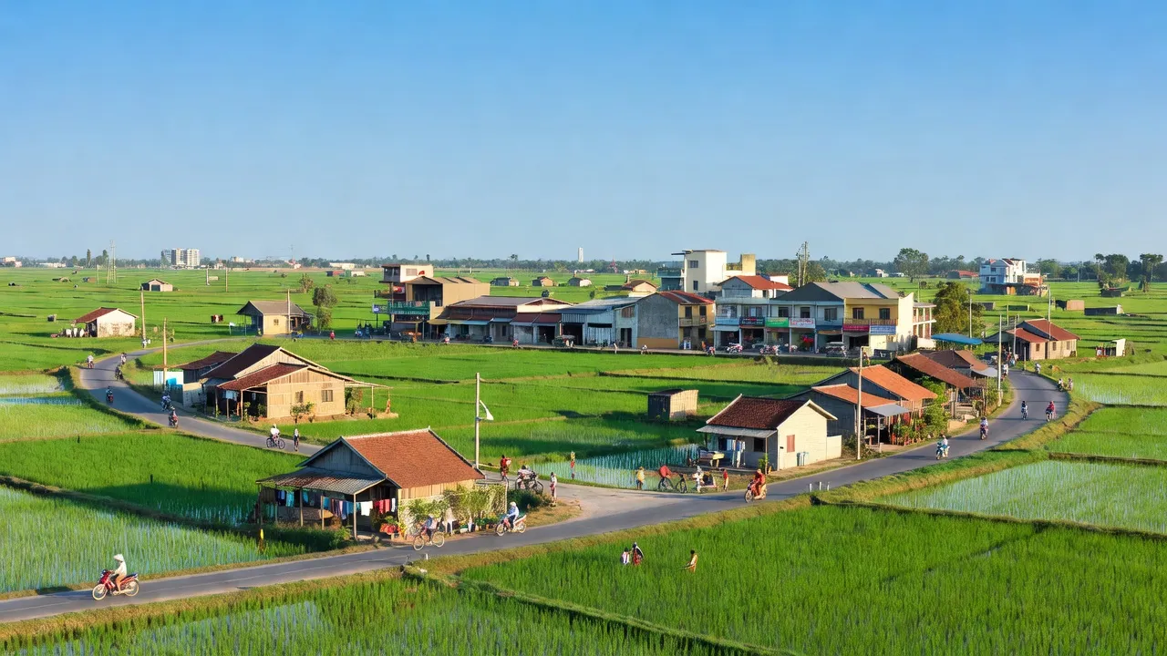 Cảnh quan huyện Thống Nhất, Đồng Nai với ruộng xanh, nhà truyền thống và bầu trời trong xanh.