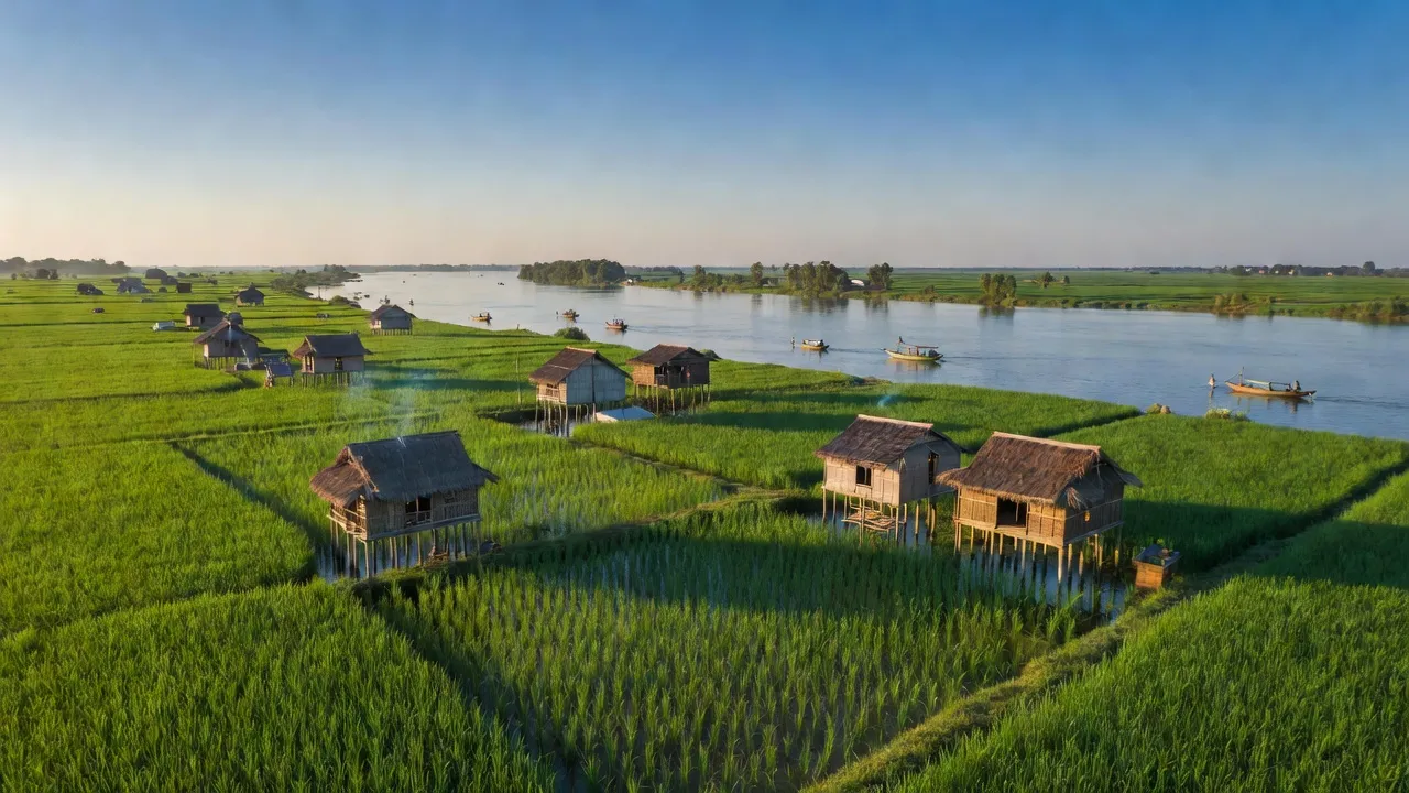 Huyện Cao Lãnh, Đồng Tháp với đồng lúa xanh, nhà cổ và sông Tiền, thể hiện cuộc sống nông thôn.