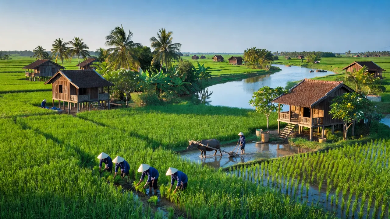 Cảnh đẹp huyện Châu Thành, Đồng Tháp với cánh đồng xanh, nhà gỗ truyền thống và bầu trời trong xanh.