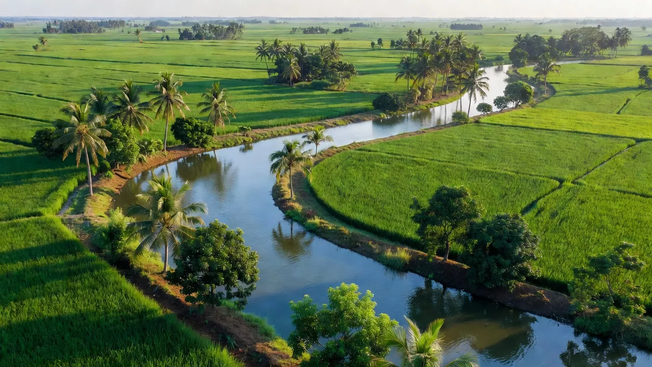 Cảnh quan huyện Châu Thành, Đồng Tháp với cánh đồng xanh và sông chảy êm đềm.