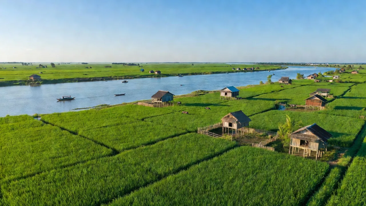 Cảnh đẹp huyện Hồng Ngự, Đồng Tháp với ruộng lúa xanh mướt và sông Tiền.