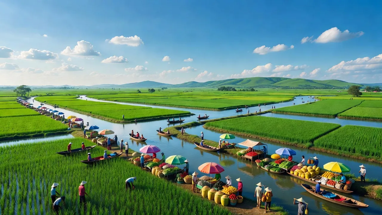 Khung cảnh huyện Hồng Ngự, Đồng Tháp với ruộng lúa và hoạt động thương mại sôi nổi.