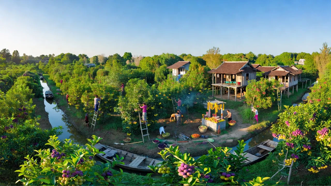 Khung cảnh nông nghiệp ở Huyện Lai Vung, Đồng Tháp với vườn cây ăn trái và hoạt động truyền thống.