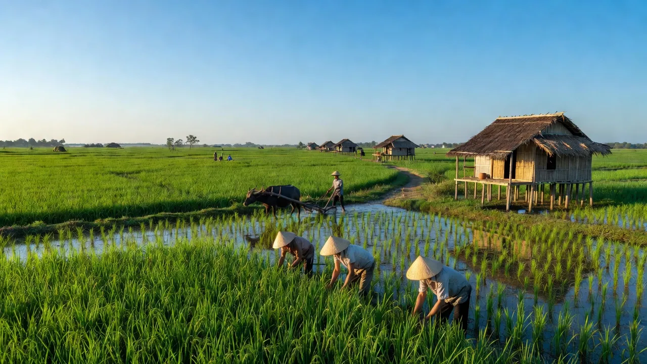Khung cảnh huyện Lấp Vò, Đồng Tháp với cánh đồng xanh và cuộc sống nông thôn nhộn nhịp.