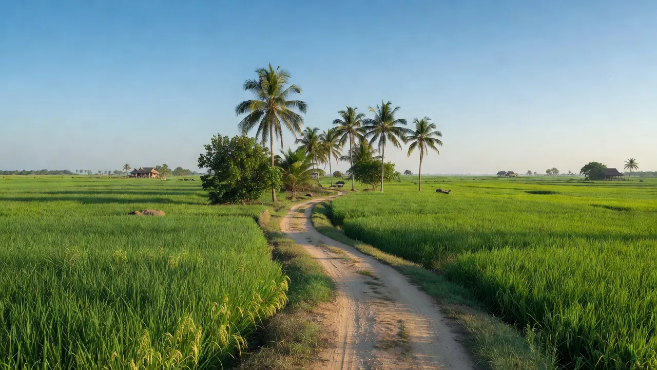 Khung cảnh nông thôn huyện Lấp Vò, Đồng Tháp với ruộng đồng xanh mướt và không gian yên bình.