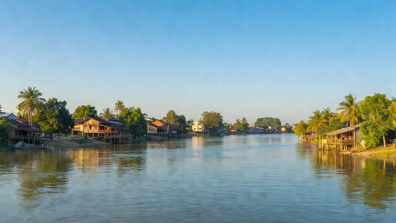 Khung cảnh thành phố Sa Đéc bên sông Tiền, cây xanh, kiến trúc đô thị và bầu trời xanh.