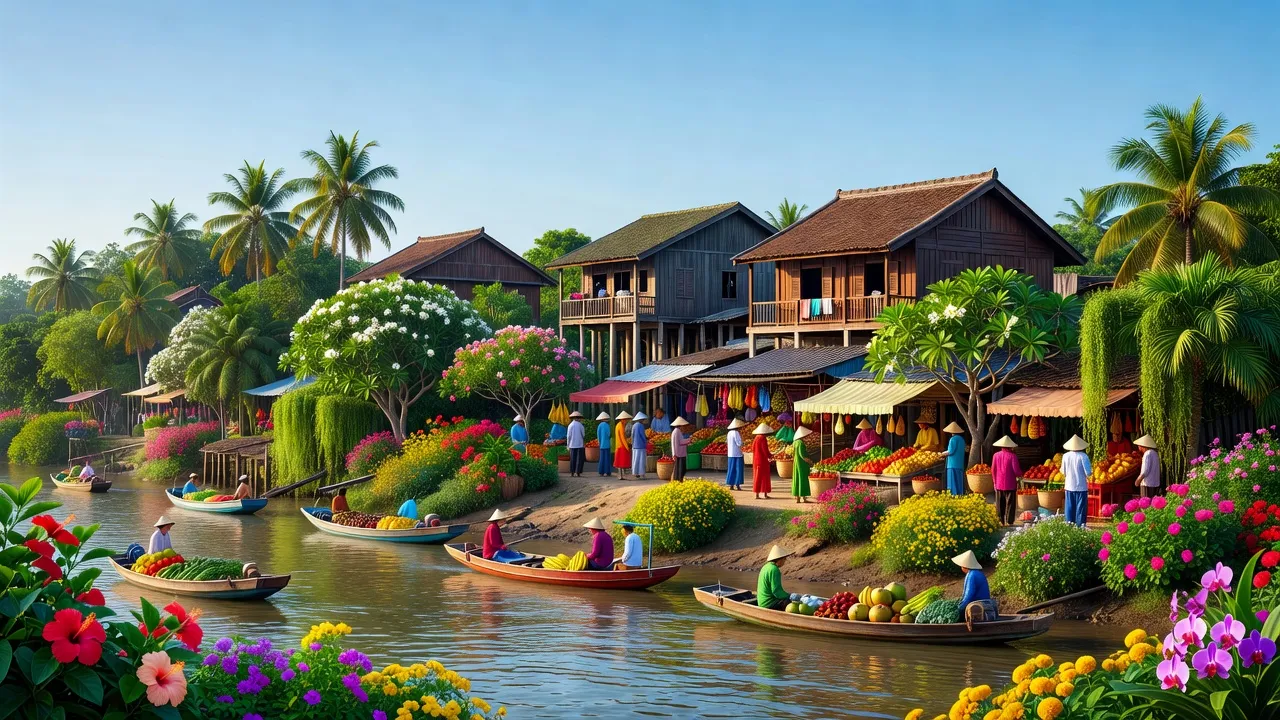 Thành phố Sa Đéc, tỉnh Đồng Tháp với phong cảnh sông nước và cuộc sống địa phương sôi động.