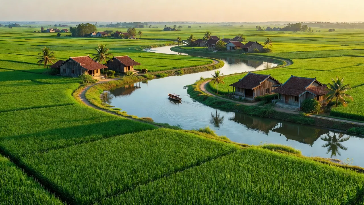 Cảnh đẹp huyện Tam Nông, Đồng Tháp với đồng lúa xanh, sông nước và nhà truyền thống.