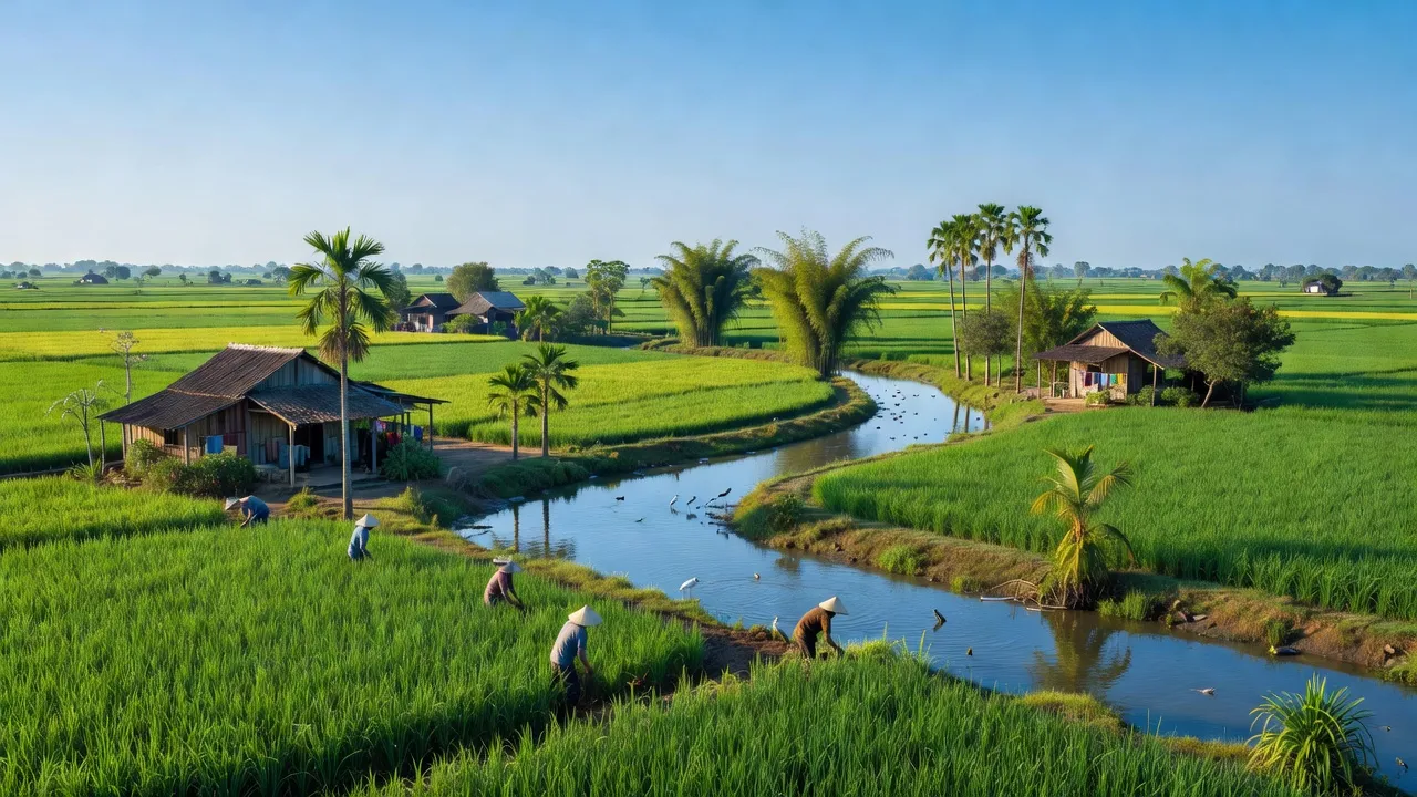 Cảnh quan tuyệt đẹp ở huyện Tam Nông, Đồng Tháp với đồng ruộng, sông nước và nhà truyền thống.