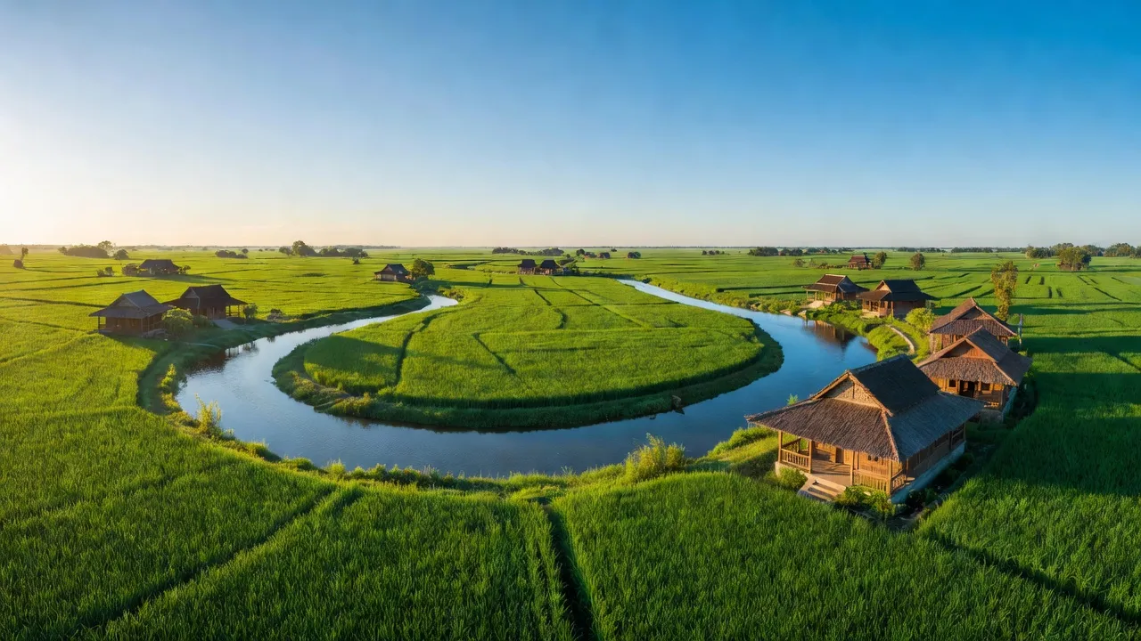 Cảnh quan huyện Tân Hồng, Đồng Tháp với cánh đồng xanh và nhà truyền thống, biểu tượng nông nghiệp.