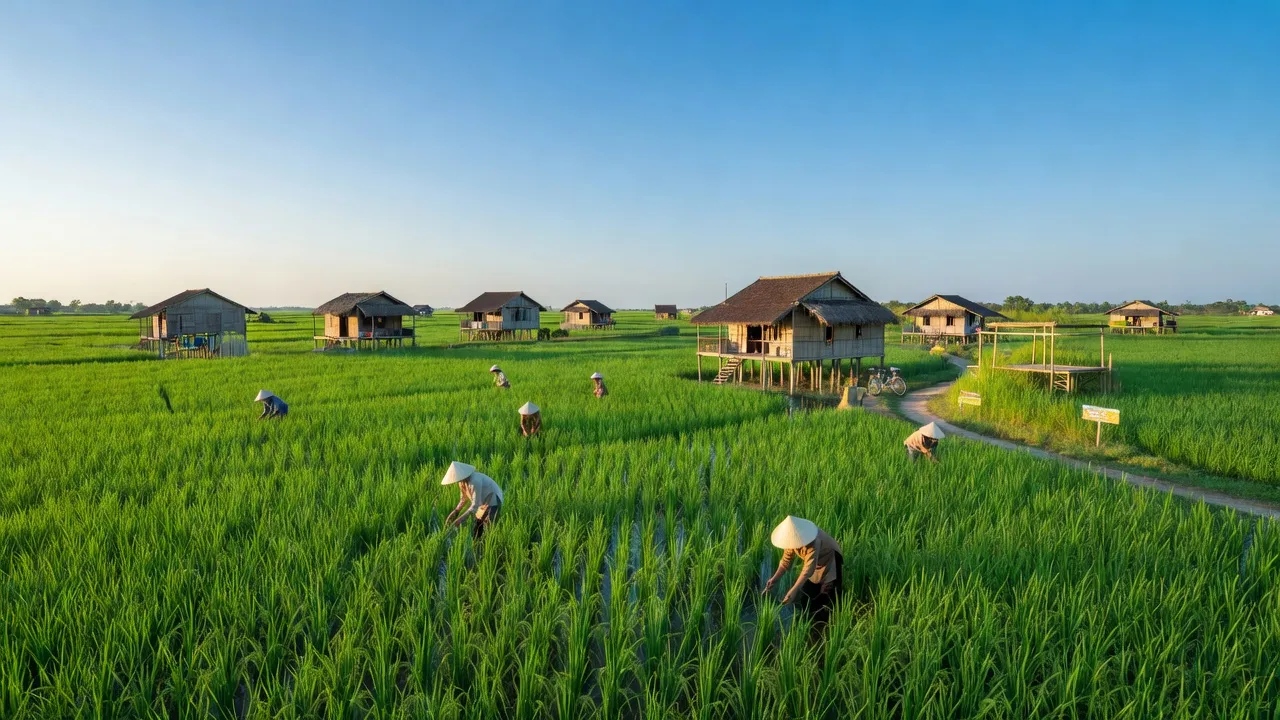 Cảnh quan huyện Tân Hồng, Đồng Tháp với ruộng lúa xanh tươi, nhà truyền thống, và người nông dân.
