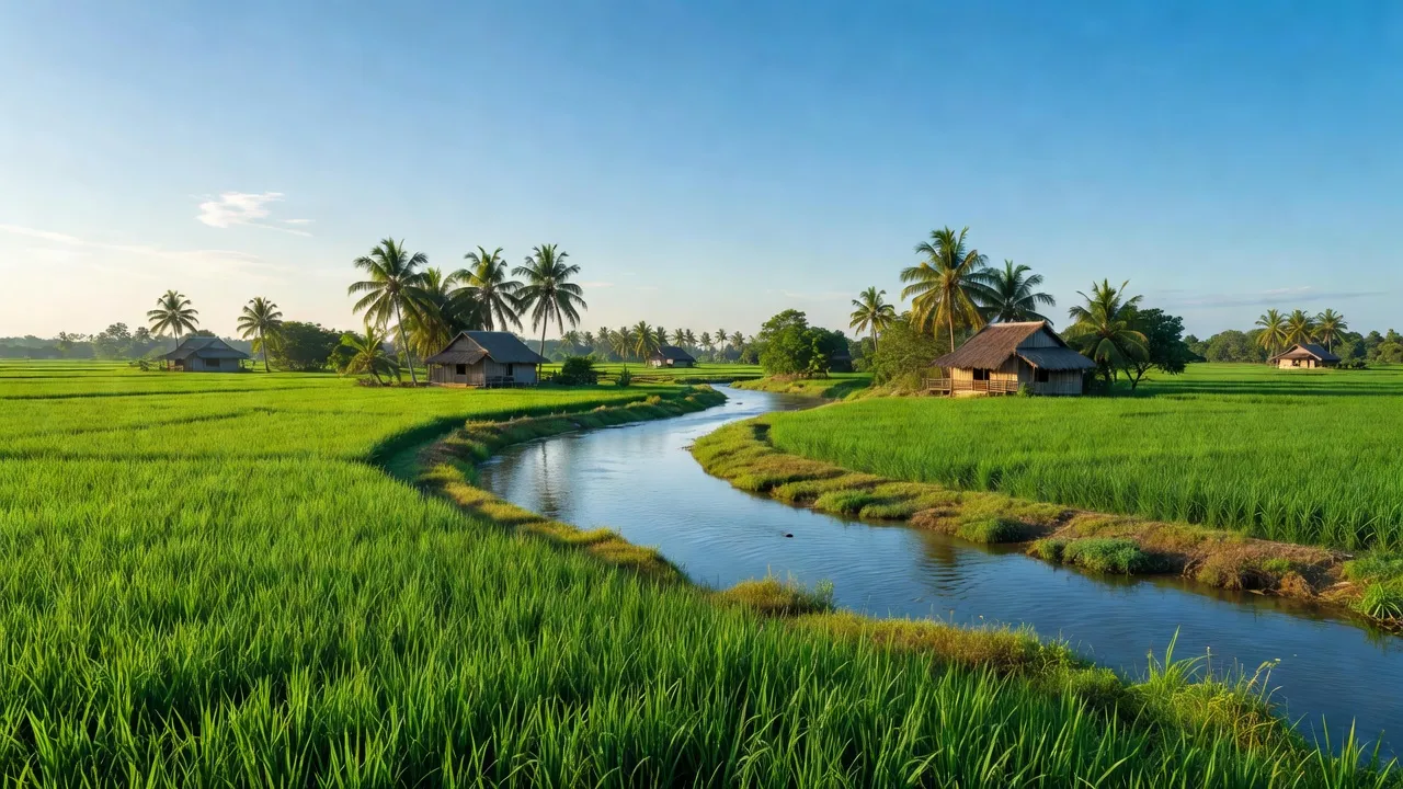 Phong cảnh thiên nhiên Huyện Thanh Bình, Đồng Tháp với cánh đồng và sông, trời trong xanh.