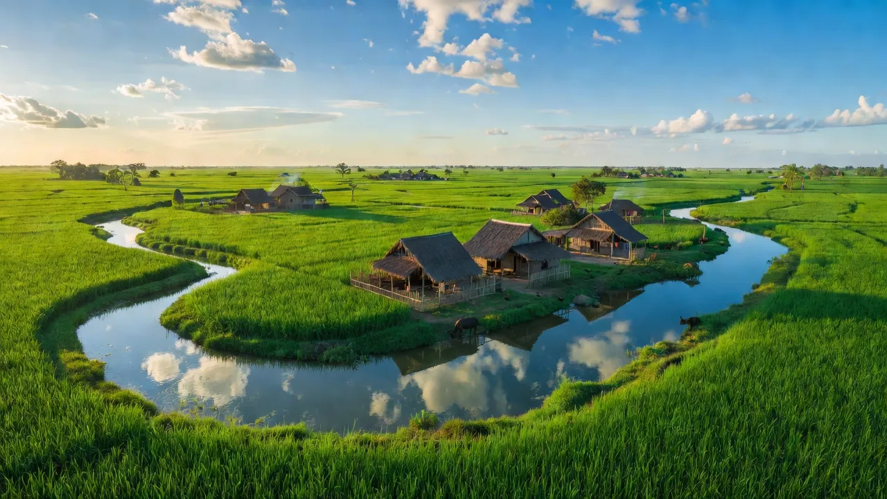 Quang cảnh huyện Thanh Bình, Đồng Tháp với cánh đồng xanh và nhà truyền thống đẹp mắt.