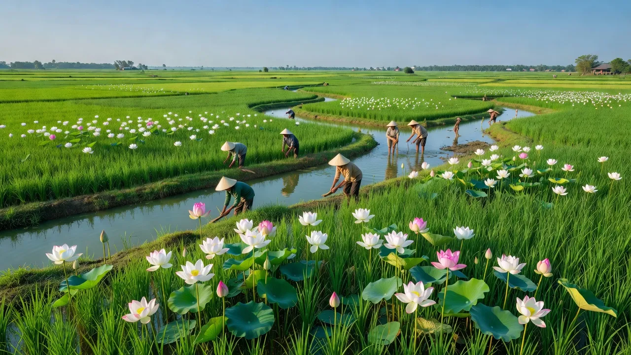 Cảnh đẹp huyện Tháp Mười, Đồng Tháp, với kênh rạch và cánh đồng lúa xanh tươi.