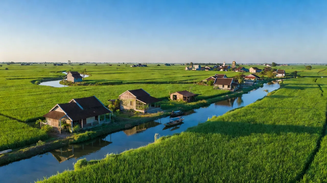 Khung cảnh Huyện Tháp Mười với cánh đồng xanh, kênh rạch và nhà truyền thống, Đồng Tháp.