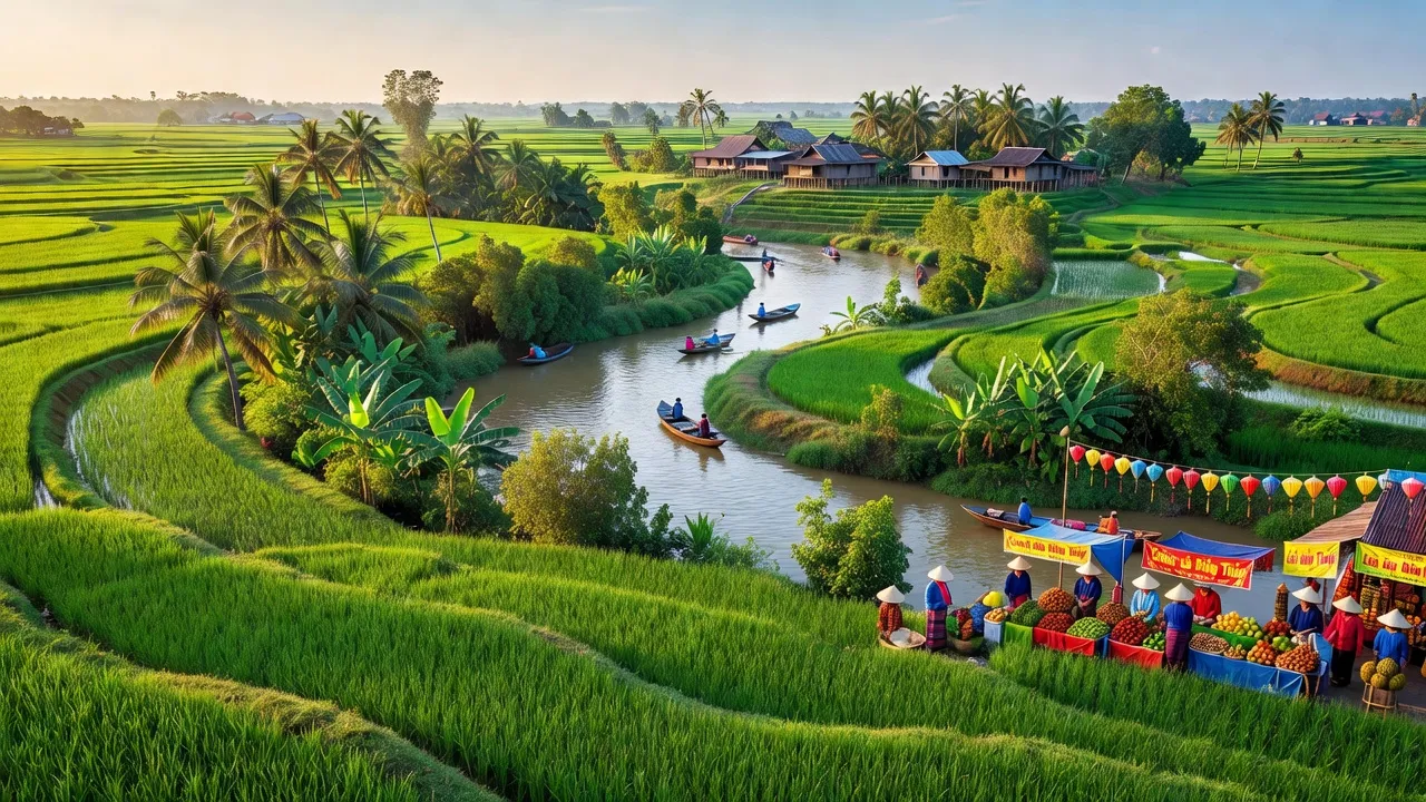 Cảnh quan tỉnh Đồng Tháp với đồng ruộng xanh tươi và sông nước đặc trưng của miền Tây.