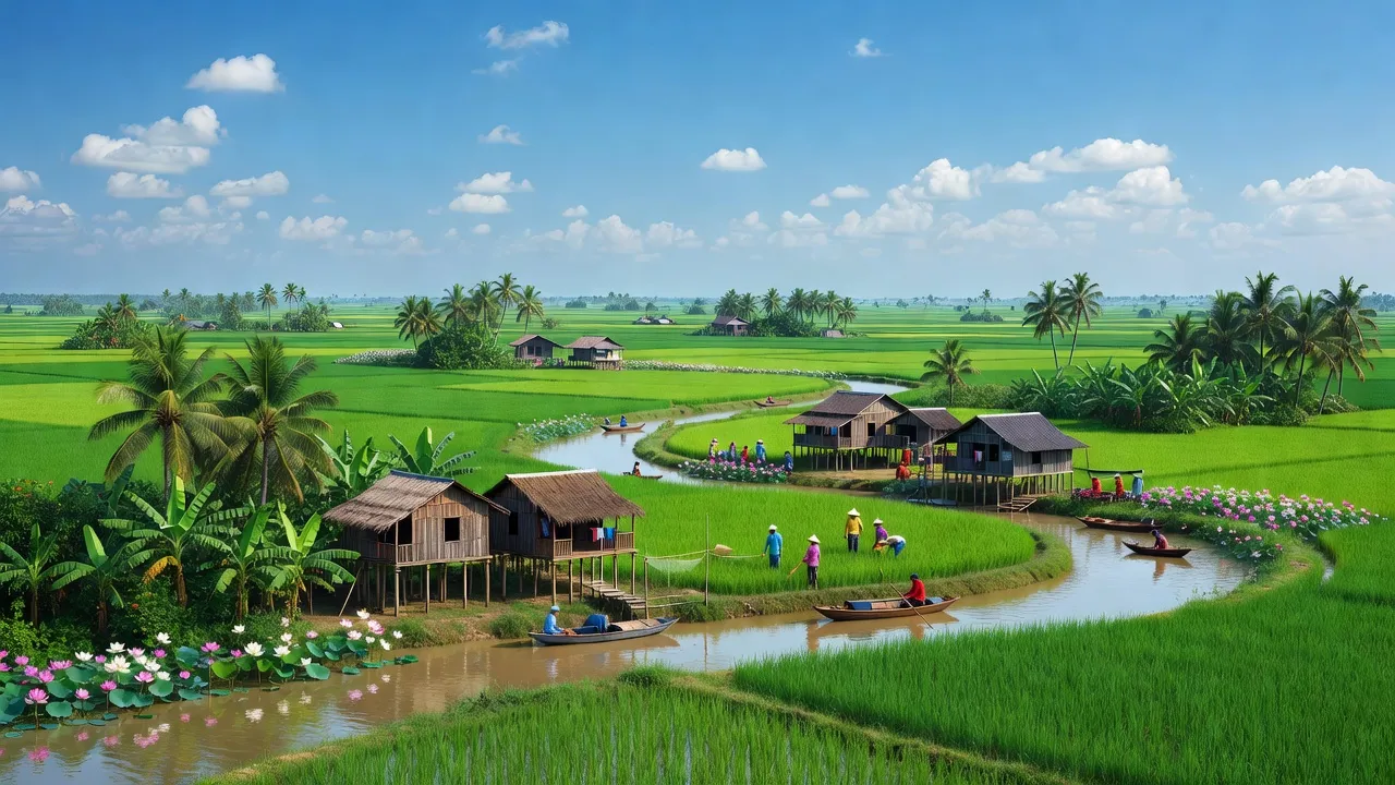 Cảnh sắc tỉnh Đồng Tháp với cánh đồng xanh, sông nước và hoa sen tươi đẹp, văn hóa địa phương.