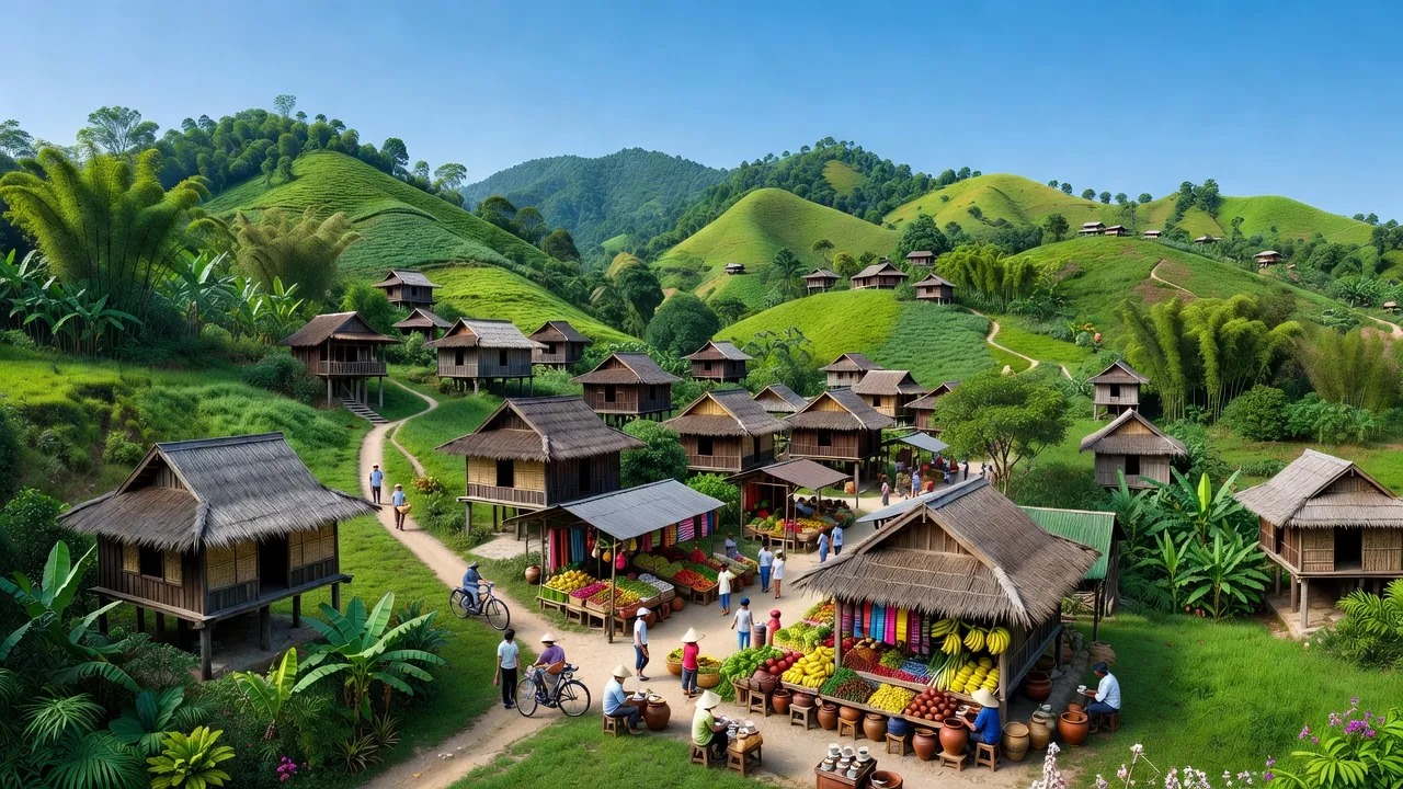 Khung cảnh thị xã An Khê, tỉnh Gia Lai với đồi xanh, nhà truyền thống và chợ địa phương nhộn nhịp.