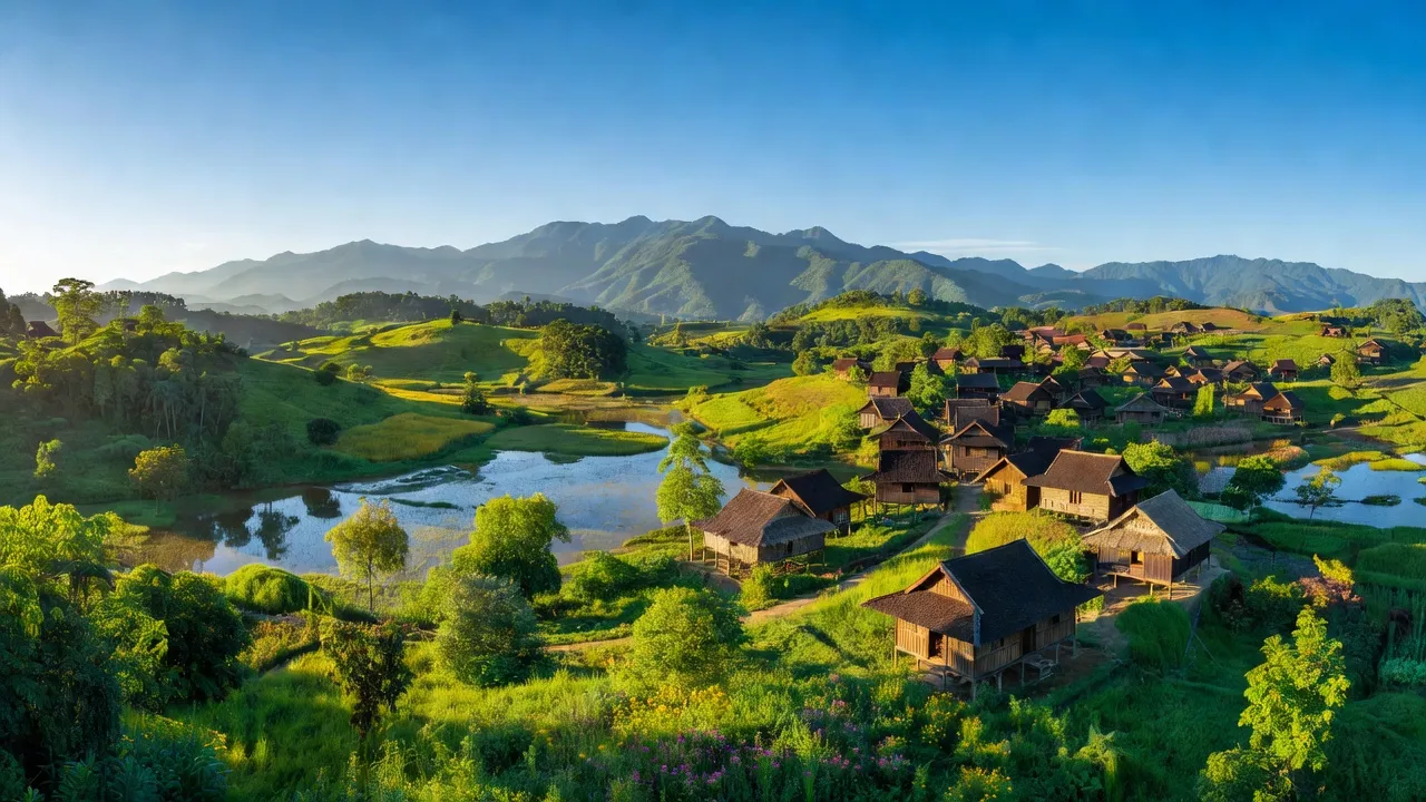 Cảnh quan Thị xã Ayun Pa, Tỉnh Gia Lai với địa hình cao nguyên và nhà truyền thống.