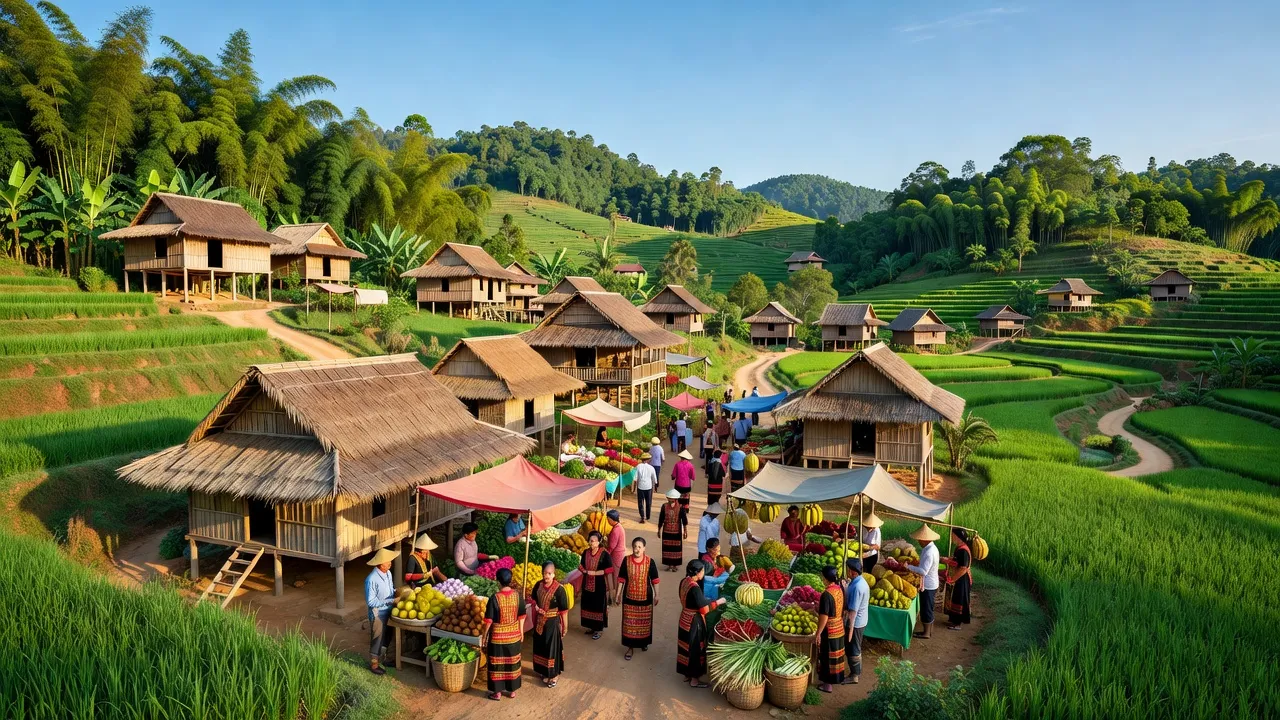 Khung cảnh Thị xã Ayun Pa, tỉnh Gia Lai với cao nguyên xanh và nhà truyền thống.